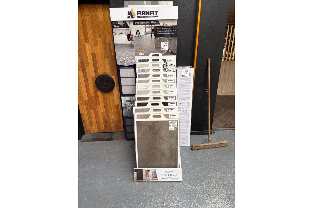 Firmfit point of sale display unit c/w four packs of Firmfit rigid core planks in grey, nine planks - Image 1 of 5