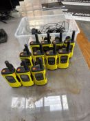 Eleven Motorola walkie talkies with three double chargers