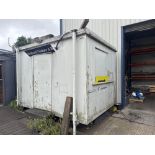 12'x9' jack leg office unit with contents to include desk, three office chairs, bench style stager u