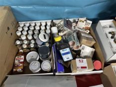 Two boxes of various wood dyes, plastic wood, leather colouring balm and wax filler sticks