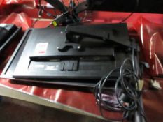 Four flat screen monitors, two desk mounting monitor arm