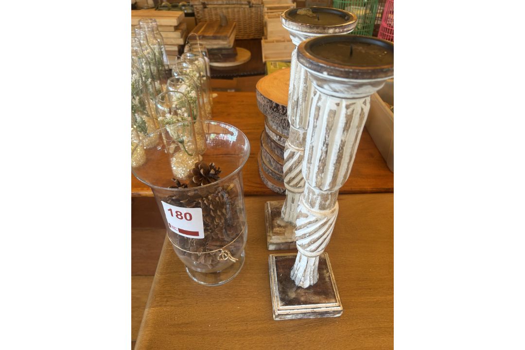 Plastic vase with pine cones and 2 candle holders - Image 1 of 3