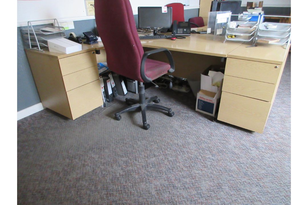 Two light wood effect corner desks, three pedestals, one bookcase, four upholstered chairs, one 4- - Image 1 of 7
