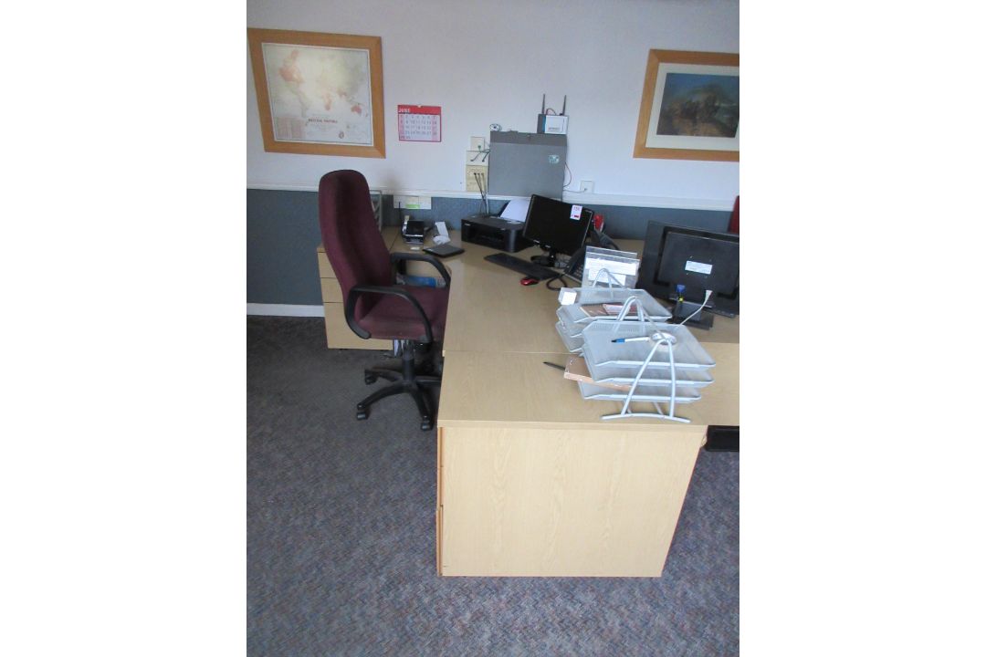 Two light wood effect corner desks, three pedestals, one bookcase, four upholstered chairs, one 4- - Image 2 of 7