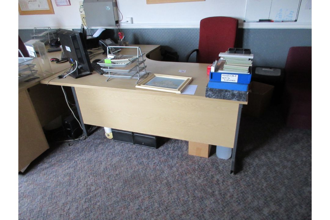 Two light wood effect corner desks, three pedestals, one bookcase, four upholstered chairs, one 4- - Image 3 of 7