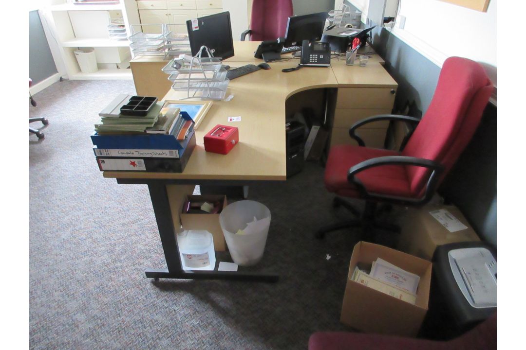 Two light wood effect corner desks, three pedestals, one bookcase, four upholstered chairs, one 4- - Image 4 of 7