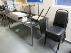 Two chrome framed canteen tables, 12 various chairs, 9 section mesh wall mounted storage rack