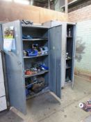 Two metal 2-door storage cupboards, 1 x 4-drawer filing cabinet with contents including welding