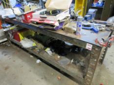 Metal frame/top workbench, 2.6m x 1m, with Record No.6 vice and Rigid BG210 pipe turner