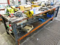 Metal frame/top workbench, 2.8m x 1m with 2 x Record 4