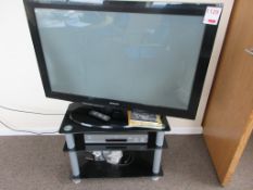 Samsung flat screen TV, Thomson DVD player & three glass shelf TV display unit