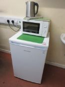 Cookology undercounter fridge, 1 x Tolbec 700W microwave, 1 x un-named kettle