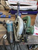 Assorted power tools including Toledo TKS-KO circular saw, 240v, Makita angle grinder, 110v,