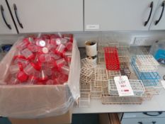Quantity of assorted test tube racks, test tubes, test tube lids, flasks, glass beakers, spectrum