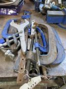 Assorted hand tools including 'G' clamps, sash clamp, D shackles etc.