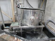Stainless steel fabricated holding tank, diameter 800 x depth 750mm, mounted on steel frame, 1 x