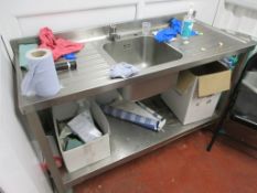 Stainless steel freestanding deep bowl sink with under shelf and upstand, 1.4m x 600 x height 860mm