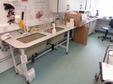 Steel framed twin basin laboratory fridge and length of workstation, approx 5m x 3m x 760mm Please