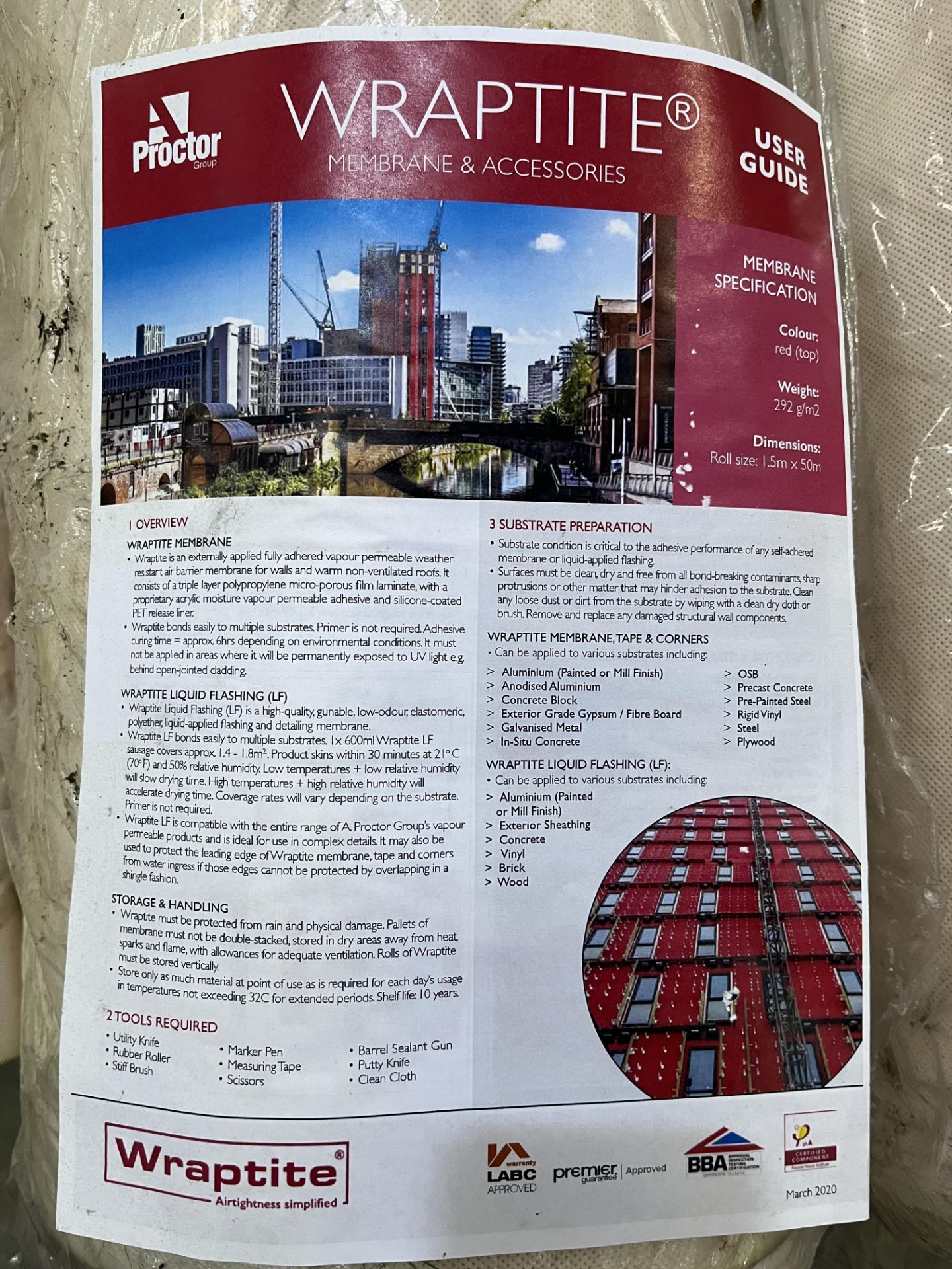 1 x 50m Reel of WRAPTITE Membrane for Walls/Roofs. Colour: Red; Width 1.5m - Image 4 of 8
