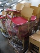 Approx. 22 Wooden Chairs with Red Leather Effect Seat. Please note there is a £10 plus VAT Lif Out F