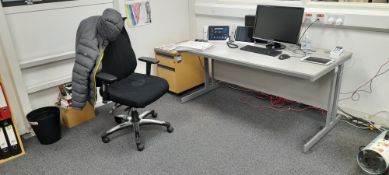 Desk, office chair, pedestal, shelving unit & Fellowes M-8C paper shredder