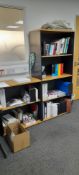 Two laminate shelving units, tambour door cupboard & pedestal