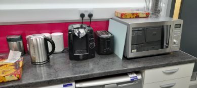 Beko larder refrigerator, Russell Hobbs microwave oven, Bosch capsule coffee machine, toaster,