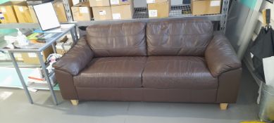 Two seat sofa, brown leather, mobile counter/shelving unit & side table