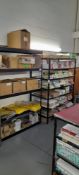 Two steel shelving units & contents of labels, packaging, consumables etc.