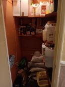 Contents of cleaning supplies to 2 cupboards to include floor cleaner, disinfectant, weed killer