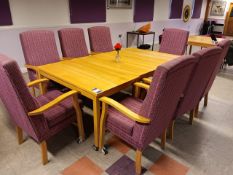 8 x Pink checked upholstered high backed chairs with easy push wheels, 3 x mobile wooden tables