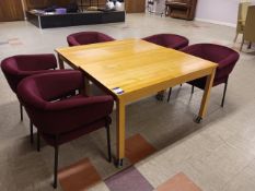 2 x Wooden mobile tables and 5 x upholstered tub style chairs