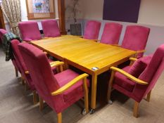 9 x Pink corded upholstered high backed chairs with easy push wheels, 3 x mobile wooden tables