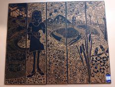 Large carved wood 5 panel artwork