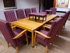 10 x purple striped upholstered high backed chairs with easy push wheels, 4 x mobile wooden table, 4