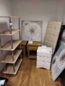 5 Tier book shelf, 2 x Canvas prints, 2 x Nest of tables, 1 x Headboard, 1 x 3 Drawer bedside table