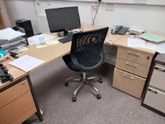 Right hand curve oak effect cantilever desk 3 drawer desk height pedestal