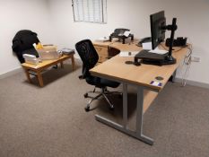 Left hand curved cantilever desk with 3 drawer pedestal, upholstered chair and coffee table, Acer