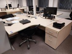 2 x Right hand curved and 2 x left hand curved light beech cantilever desks with 4 x 3 drawer