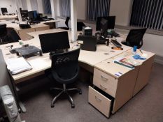 2 x Right hand curved and 2 x left hand curved light beech cantilever desks with 4 x 3 drawer