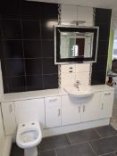 High white gloss bathroom vanity unit with sink, tap, toilet (no cistern) & illuminated mirror, unit