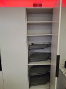 Cashamere painted display kitchen comprising 4 full height cupboards fitted with cantilever unit,