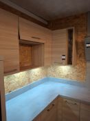 Sanded oak laminate kitchen display comprising 2 corner base units fitted cantilever & magic shelf