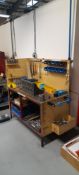 Steel bench & contents including slotted angle plate, plug gauges, risers, drill bits