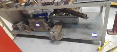 Bench & contents of bottom shelf to include 4 jaw chuck, sliding angle plate, machine vice