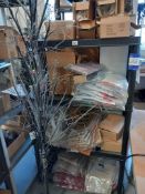 Plastic Shelving Unit and contents including: Various Bags, Clothing and Glassware and Artificial