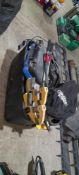 Large plastic tool chest & contents to include clamps, saw, ratchet set, drill bits & other