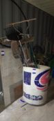 Plastic barrel & contents to include shovels, pick axe & other hand tools