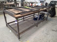 Inhouse fabricated workbench with steel frame and wooden top, 8ft(L) x 4ft(W) x 3ft(H)