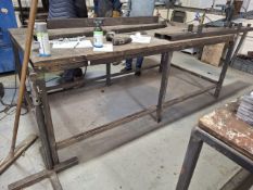 Inhouse fabricated workbench with steel frame and wooden top, 8ft(L) x 4ft(W) x 3ft(H)